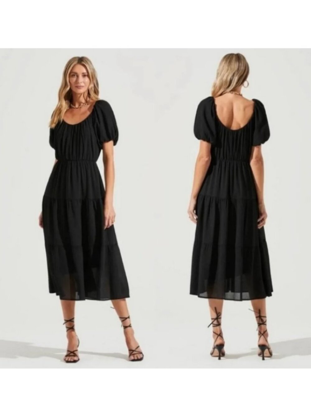 ASTR The Label Black Smocked Tiered Midi Dress Gauze Puffy Sleeve Size XS